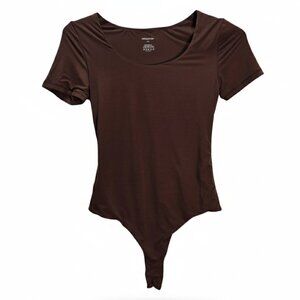 NWT | Mangopop Chocolate Brown Swoop Neck Short Sleeve Fitted Bodysuit | X-Small